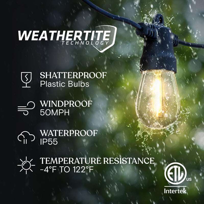 Brightech Ambience Pro Solar Powered Outdoor String Lights, 48 ft Commercial Grade Waterproof Patio Lights, 15 Edison Bulbs, Shatterproof LED String Lights for Outside, Porch - 1W Soft White - Image 2